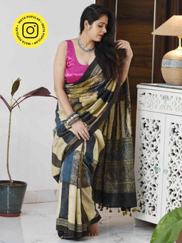 Sundarii - Kala Ajrakh Hand Block Printed Chanderi Silk Saree with Unstitched Blouse
