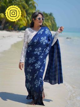 Sundarii - Hydrae Blue Mul Cotton Saree with Unstitched Blouse