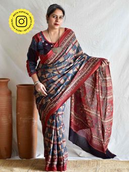 Sundarii - Red Adivasi Ajrakh Cotton Saree with Unstitched Blouse