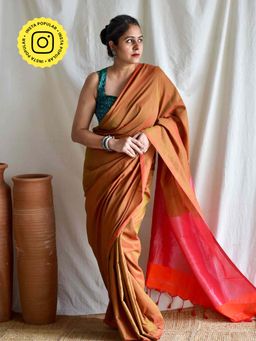 Sundarii - Orange Razor-Sharp Dual Shaded Cotton Saree with Unstitched Blouse