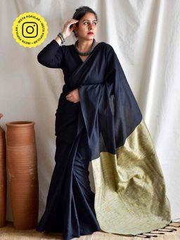 Sundarii - Navy Blue Midnight Dual Shaded Cotton Saree with Unstitched Blouse