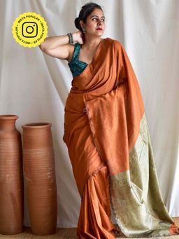 Sundarii - Rust Tangy Dual Shaded Cotton Saree with Unstitched Blouse
