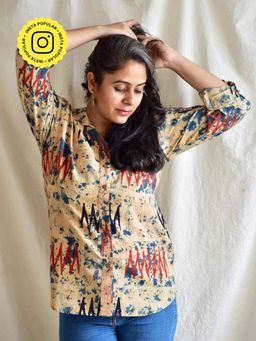 Sundarii - Parakeet Ajrakh Printed and Tie and Dyed Cotton Yellow Shirt