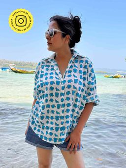 Sundarii - Rosella Printed Cotton Oversized White Shirt