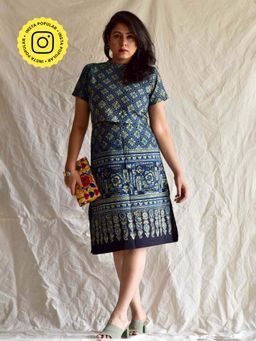 Sundarii - Ocean Ajrakh Hand Block Printed Skirt With Top - Blue (Set of 2)