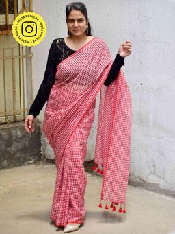 Sundarii - Red Poppy Gam Cha Mul Cotton Saree Without Blouse