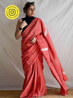 Sundarii - Red Rager Mul Cotton Saree with Unstitched Blouse
