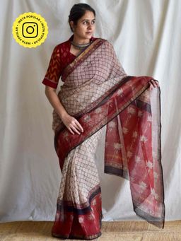 Sundarii - Mughal Jaal Dabu Kota Doria Floral Printed Saree and Unstitched Blouse