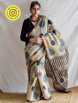 Sundarii - Polka Combo Dabu Kota Doria Saree and Unstitched Blouse