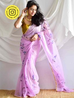 Sundarii - Purple Grace Of Spring Hand Painted Chiffon Saree with Unstitched Blouse