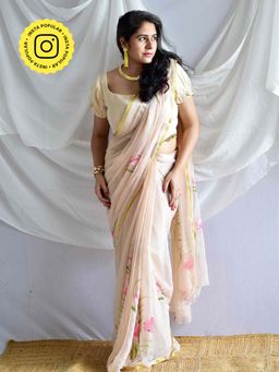 Sundarii - Off White Pankhuri Hand Painted Chiffon Saree with Unstitched Blouse