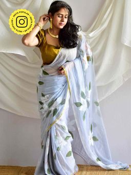 Sundarii - Blue Neerja Hand Painted Chiffon Saree with Unstitched Blouse