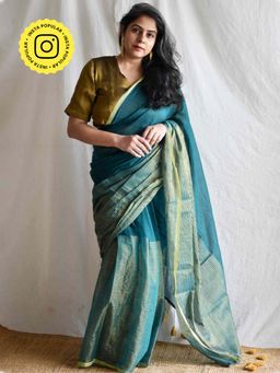 Sundarii - Teal Kishori Mul Tissue Saree with Unstitched Blouse