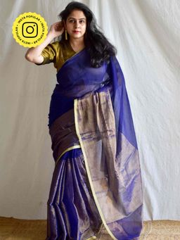 Sundarii - Blue Gehna Mul Tissue Saree with Unstitched Blouse