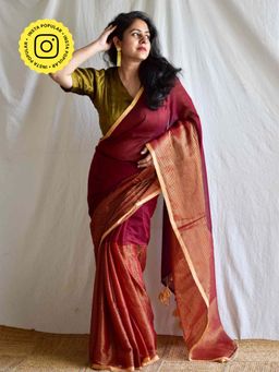 Sundarii - Maroon Khumaari Mul Tissue Saree with Unstitched Blouse