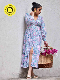 Sundarii - Blue Gul Sanganeri Floral Print Dress