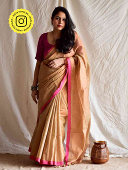Sundarii - Beige Mehram Tissue Silk Saree with Unstitched Blouse
