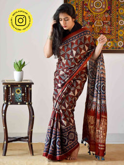 Sundarii - Maroon Pisces Ajrakh Hand Block Printed Saree with Unstitched Blouse