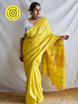 Sundarii - Womens Yellow Marina Linen Tissue Saree Without Blouse Piece