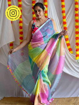 Sundarii - Multi-Colour Rangers Linen Zari Saree with Unstitched Blouse