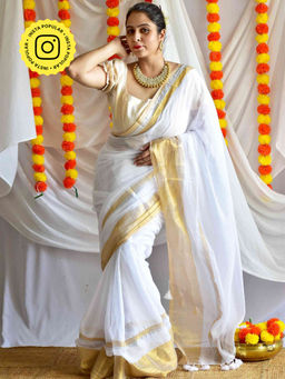 Sundarii - White Onappovu Woven Zari Mul Saree with Unstitched Blouse