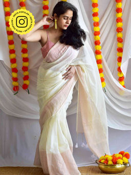 Sundarii - Off White Urvashi Mul Tissue Saree with Unstitched Blouse