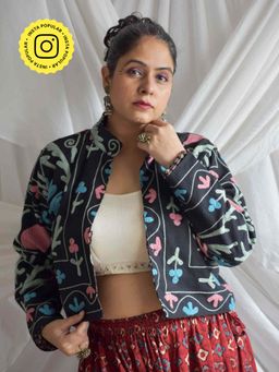 Sundarii - Badmashi - Hand Embroidered Patchwork Reversible Crop Jacket - Black