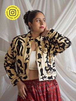 Sundarii - Chatpati - Hand Embroidered Patchwork Reversible Crop Jacket - Beige
