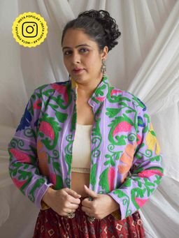 Sundarii - Haseena - Hand Embroidered Patchwork Reversible Crop Jacket - Lavender