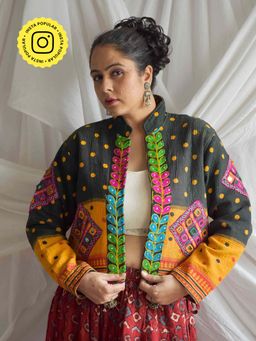 Sundarii - Goriya - Hand Embroidered Patchwork Reversible Crop Jacket - Multi-Color