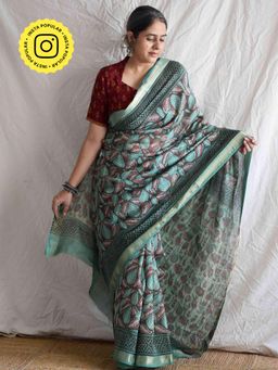 Sundarii - Patjhad - Bagru Green Maheshwari Silk Saree With Unstitched Blouse