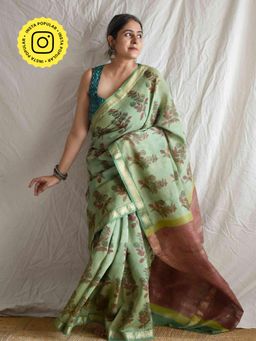 Sundarii - Tulsika - Bagru Green Maheshwari Silk Saree With Unstitched Blouse