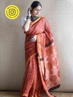 Sundarii - Sunehri Chaap - Bagru Orange Maheshwari Silk Saree With Unstitched Blouse