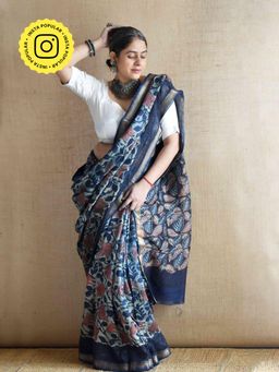 Sundarii - Chandani Baha - Bagru Navy Blue Maheshwari Silk Saree With Unstitched Blouse