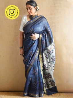 Sundarii - Badal Rekha - Bagru Navy Blue Maheshwari Silk Saree With Unstitched Blouse