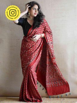 Sundarii - Rooh-E-Riwayat - Ajrakh Modal Silk Hand Embroidered Saree With Unstitched Blouse
