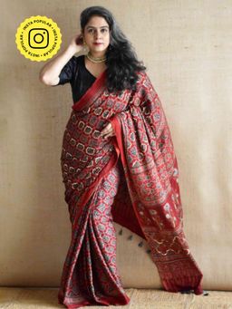 Sundarii - Gulzar - Ajrakh Modal Silk Hand Embroidered Saree With Unstitched Blouse