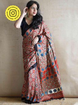 Sundarii - Surkh-E-Gul - Ajrakh Modal Silk Hand Embroidered Saree With Unstitched Blouse