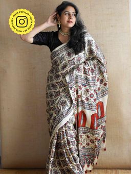 Sundarii - Subh-E-Nazneen Ajrakh Off White Modal Silk Saree with Unstitched Blouse
