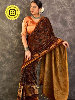 Sundarii - Sundari Mohini - Ajrakh Silk Velvet Saree without Blouse