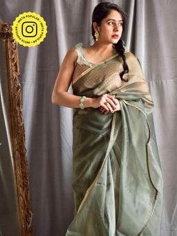 Sundarii - Sundari Enrique Olive - Organza Saree without Blouse