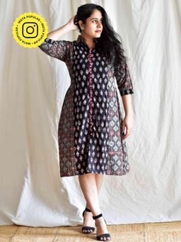 Sundarii - Black Daisy - Ajrakh Patchwork Mirror Embroidered Dress