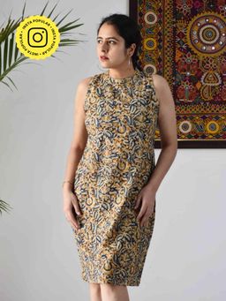 Sundarii - Coral - Blue Kalamkari Hand block Printed Sheath Dress