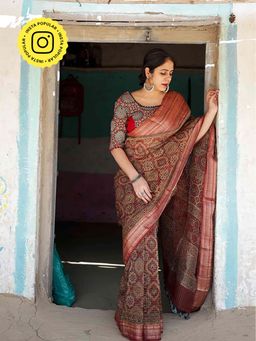 Sundarii - Khushbu Ajrakh Handloom Organza Saree Without Blouse