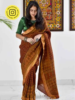 Sundarii - Maghrib Ajrakh Handloom Linen Silk Saree Without Blouse