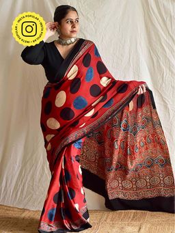 Sundarii - Moon Stone - Ajrakh Red Modal Silk Saree Without Blouse