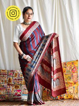 Sundarii - Nanditha - Ajrakh Red Modal Silk Saree Without Blouse