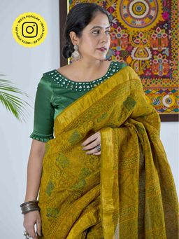 Sundarii - Peeli - Green Ajrakh Handloom Linen Silk Saree Without Blouse