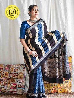 Sundarii - Roma - Beige Ajrakh Modal Silk Saree Without Blouse