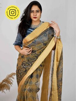 Sundarii - Sakhi - Ajrakh Black Handloom Organza Saree Without Blouse With Zari Border